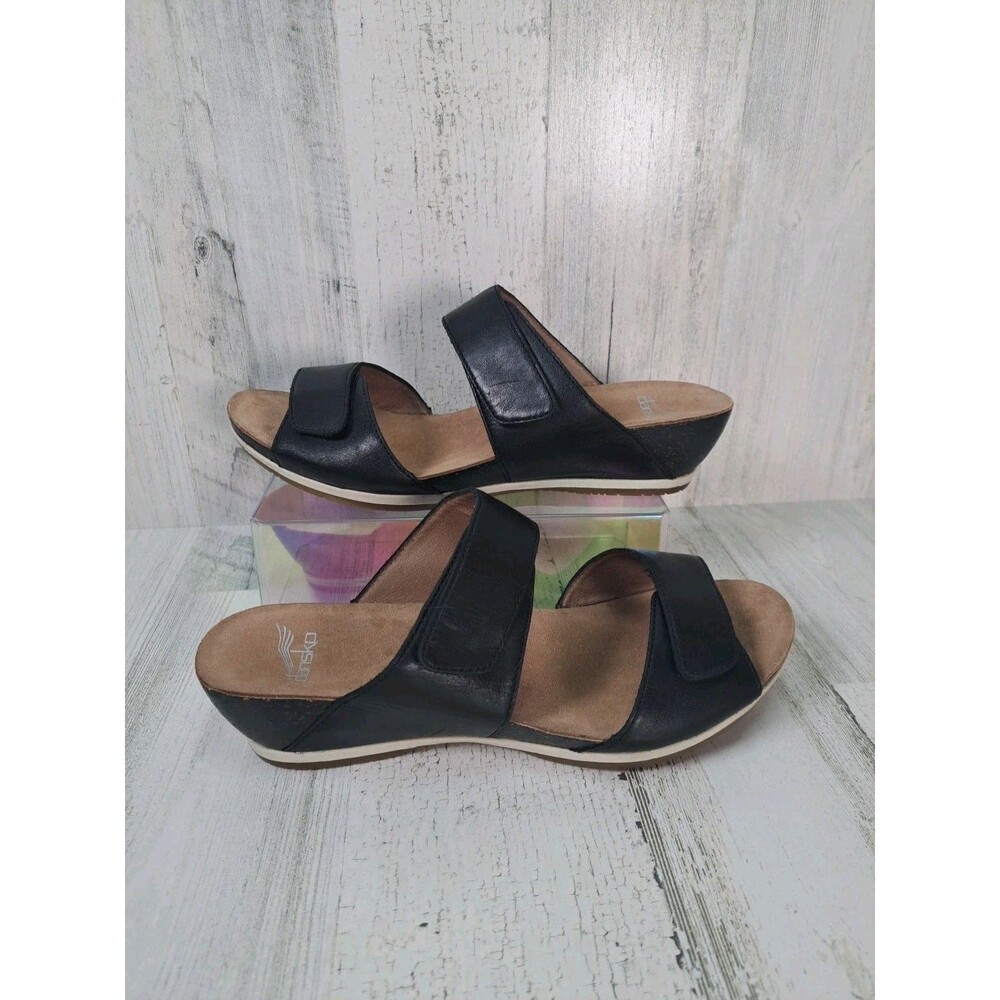 Dansko Vienna Wedge Sandal Black Leather Double Strap Slide 38 US 7.5/8 Comfort